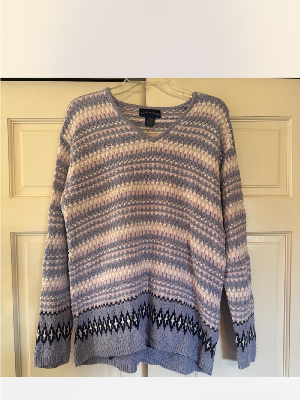 Charter Club V-Neck Striped Knit Sweater - Light Blue & Cream